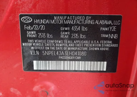 2020 Hyundai Sonata Sel из США, поврежденный, VIN 5NPEL4JA3LH041080